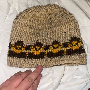 Hand-Knit Tan Beanie with Brown and Yellow Pattern 8”x8”